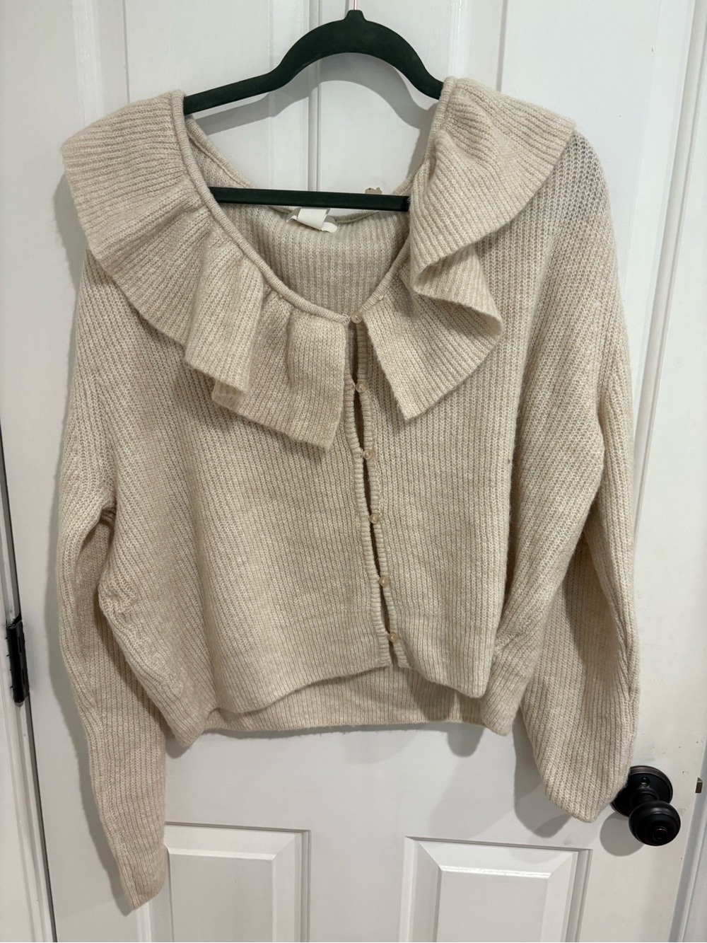 H&M Cream Ruffle Collar Knit Cardigan